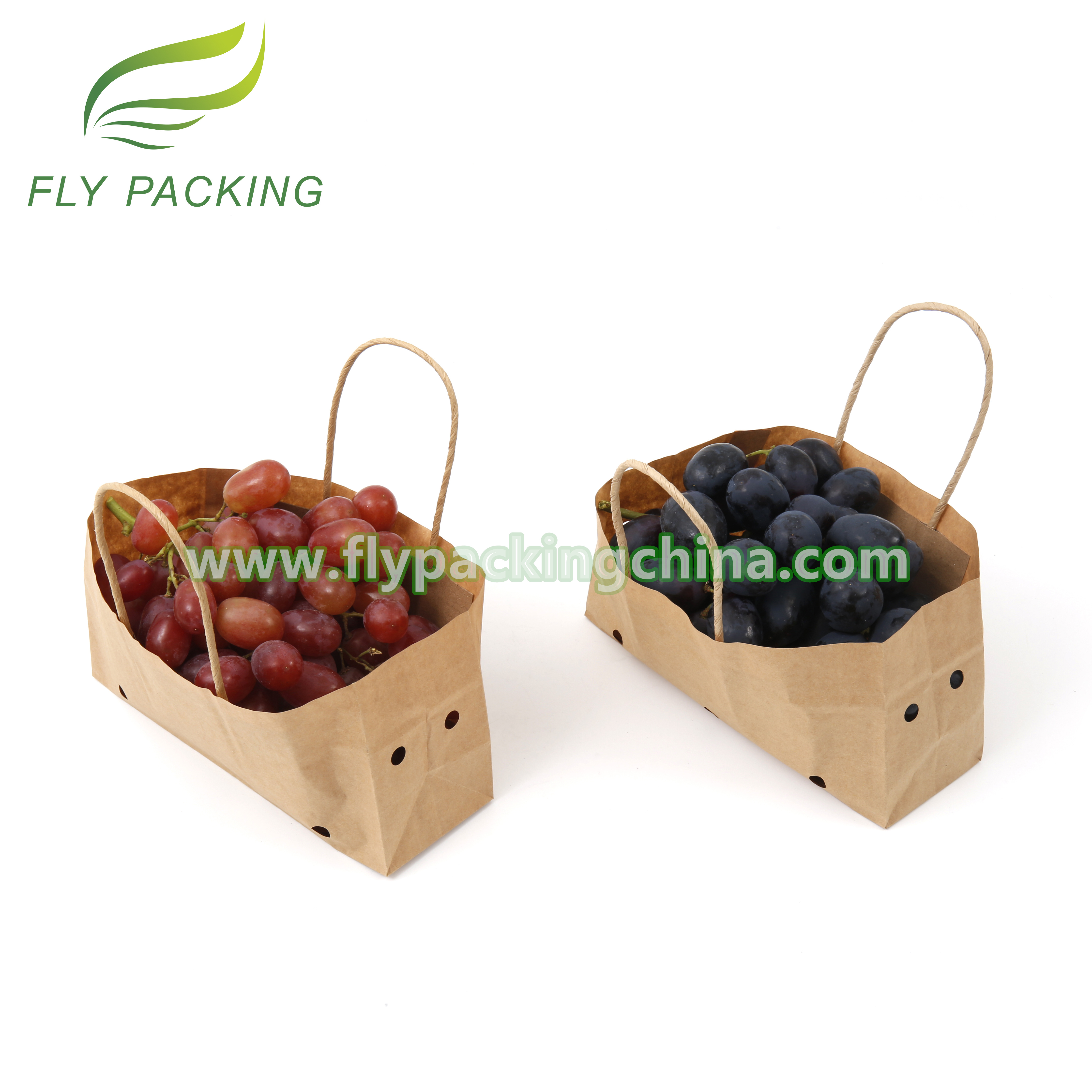 Durable Fruits Vegetables Kraft Paper Macro Perforated Holes Bags Packaging with Twisted Paper Handle