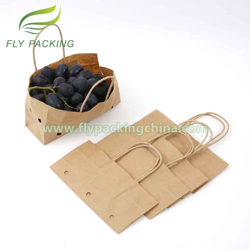 Durable Fruits Vegetables Kraft Paper Macro Perforated Holes Bags Packaging with Twisted Paper Handle