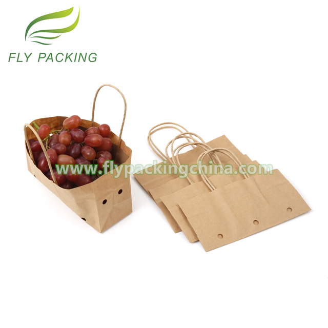 Durable Fruits Vegetables Kraft Paper Macro Perforated Holes Bags Packaging with Twisted Paper Handle